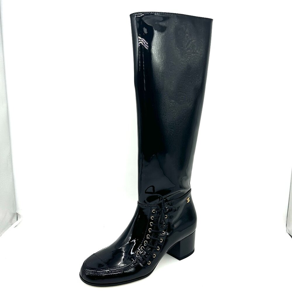CHANEL 15A Patent Calf Leather Knee High Tall Lace Up Boots Shoes - Picture 4 of 16